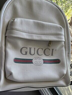 Gucci White Leather Backpack with Green and Red Web Stripe and Logo
